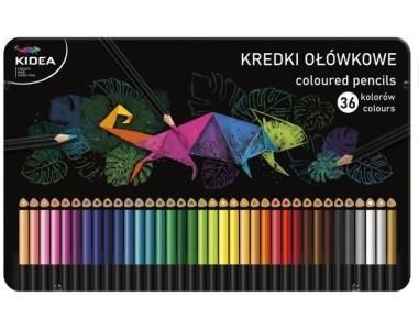 Set 36 creioane triunghiulare frumoase pentru copii, cutie metal, kidea, multicolore