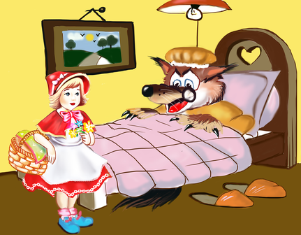 Tablou canvas Lupul si Scufita Rosie in casa - 35 x 50 cm imagine