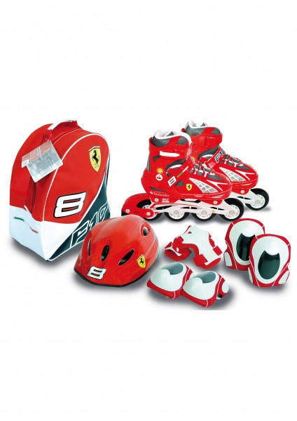 Role copii Saica reglabile 35-38 Ferrari cu protectii si casca in ghiozdan