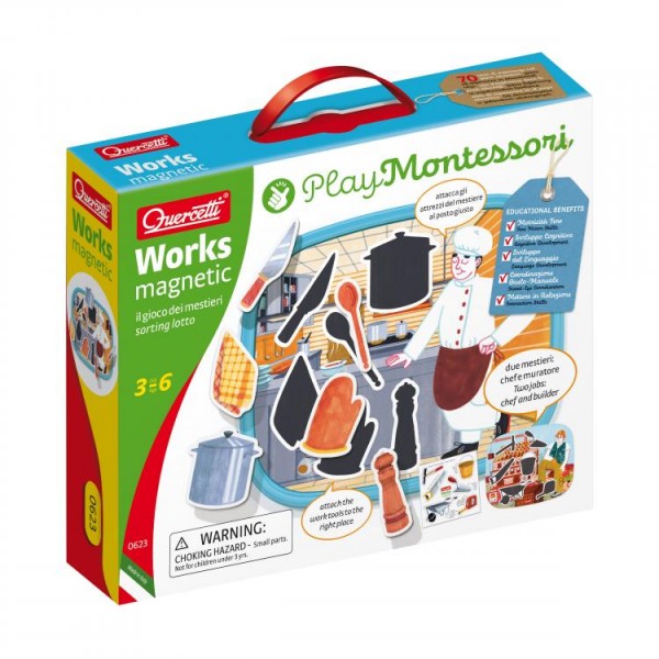 Joc educativ pentru copii Quercetti Play Montessori 0623 Works Magnetic Tablita cu 2 fete meserii magnetice