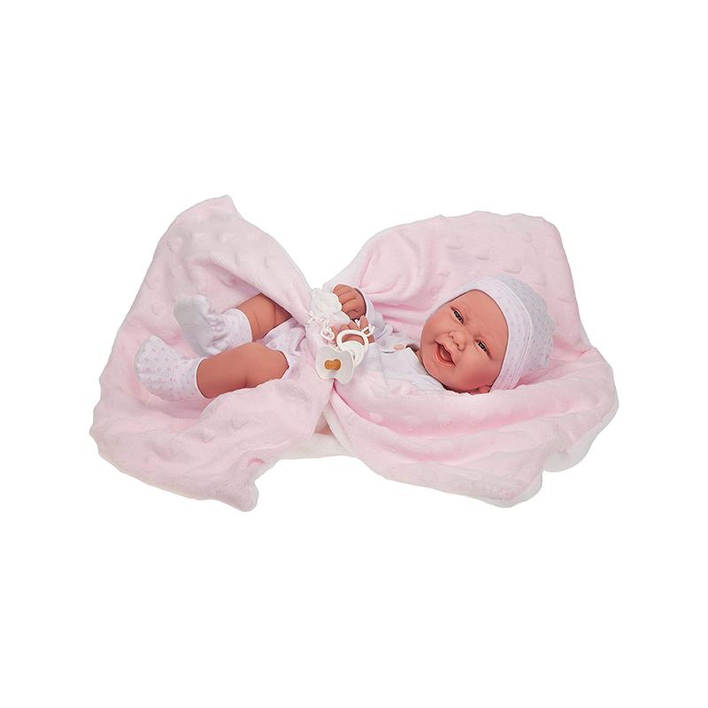 Papusa bebe realist Carla Reborn cu paturica pufoasa inimioare, corp anatomic corect, roz-alb, Antonio Juan