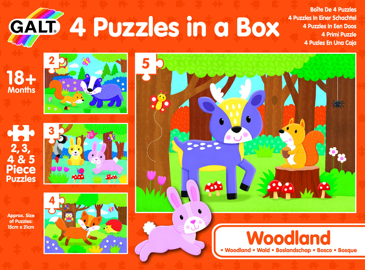 Set 4 puzzle-uri - Animalute din padure (2, 3, 4, 5 piese)