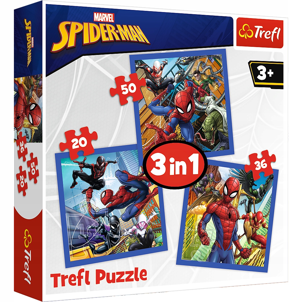 Set puzzle 3 in 1 Trefl Marvel Spider Man, Forta paianjenului, 1x20 piese, 1x36 piese, 1x50 piese