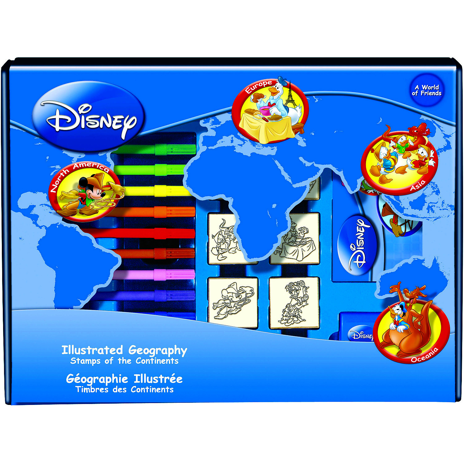 Set educativ cu stampile Geografia Disney 23 piese, 7 stampile, tus, 12 carioci, rigla, harta lumii si caiet cu activitati Multiprint MP1938
