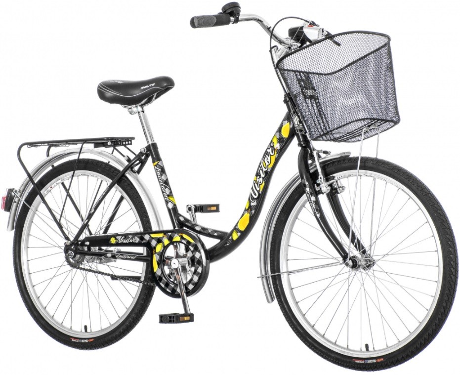 Bicicleta dama, 24 inch, cadru otel, v-brake, cos frontal, portbagaj, stop, far si claxon