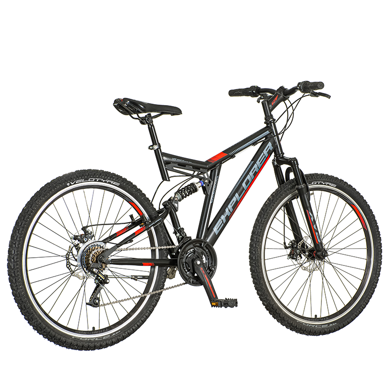 Bicicleta mountain bike 26 inch, 21 viteze schimbator power, frane pe disc, suspensii full, explorer rosu bekid.ro