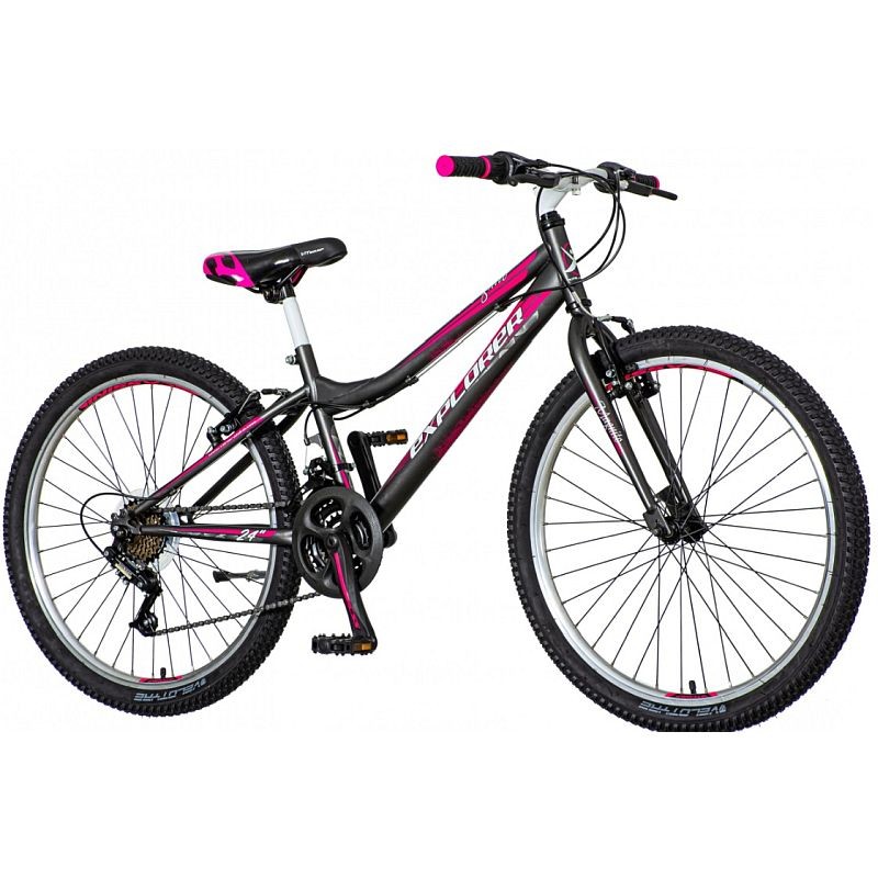 Bicicleta mtb 24 inch, pentru dama, 18 viteze power, cadru otel, v-brake, gri-roz, explorer magnito bekid.ro
