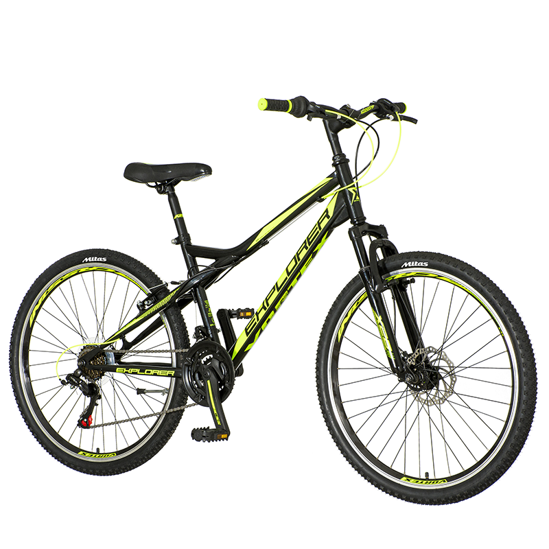 Bicicleta mtb 26 inch, 18 viteze schimbator shimano, amortizoare, frane pe saboti, explorer verde neon bekid.ro imagine noua