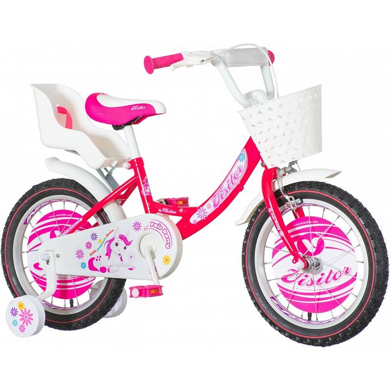 Bicicleta roti 16 inch, cos si scaun papusi, roti ajutatoare, fair pony roz