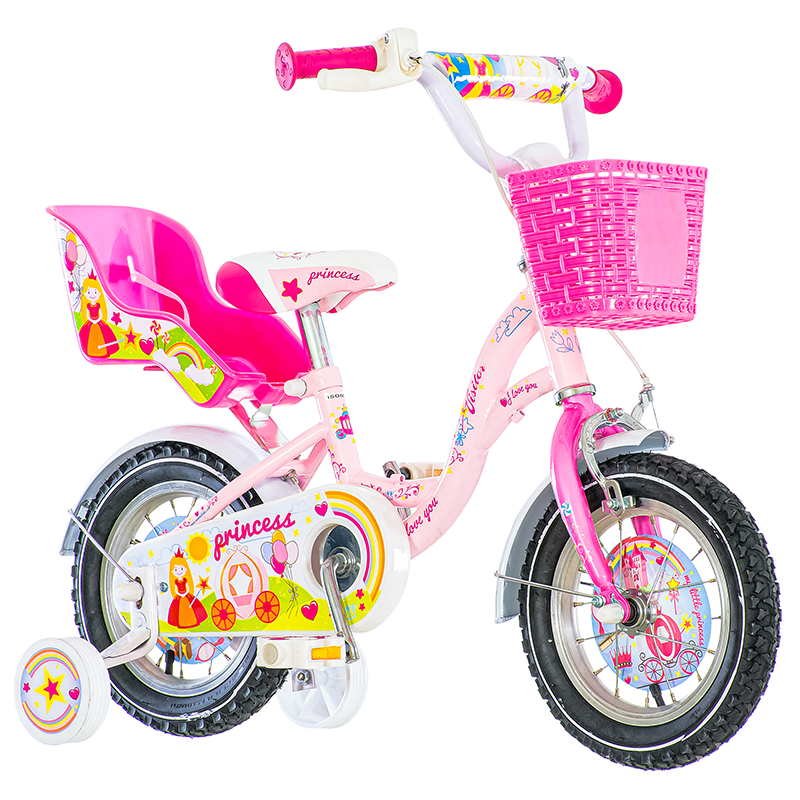 Bicicleta 12 inch, cos si scaun papusi, roti ajutatoare, v-brake, princess roz bekid.ro imagine noua