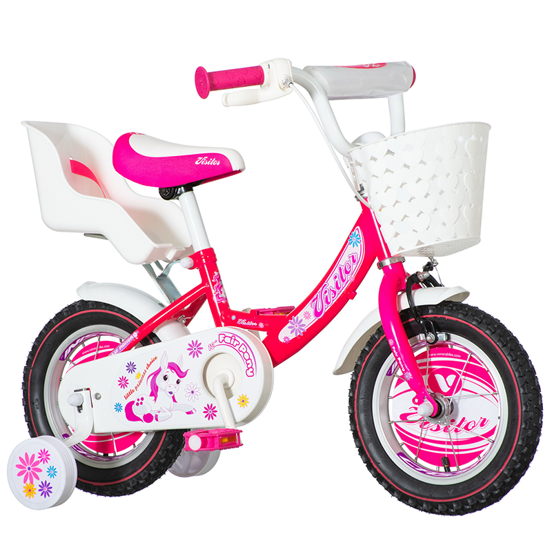 Bicicleta 12 inch, fair pony roz, cos alb, scaun papusi, roti ajutatoare bekid.ro imagine noua