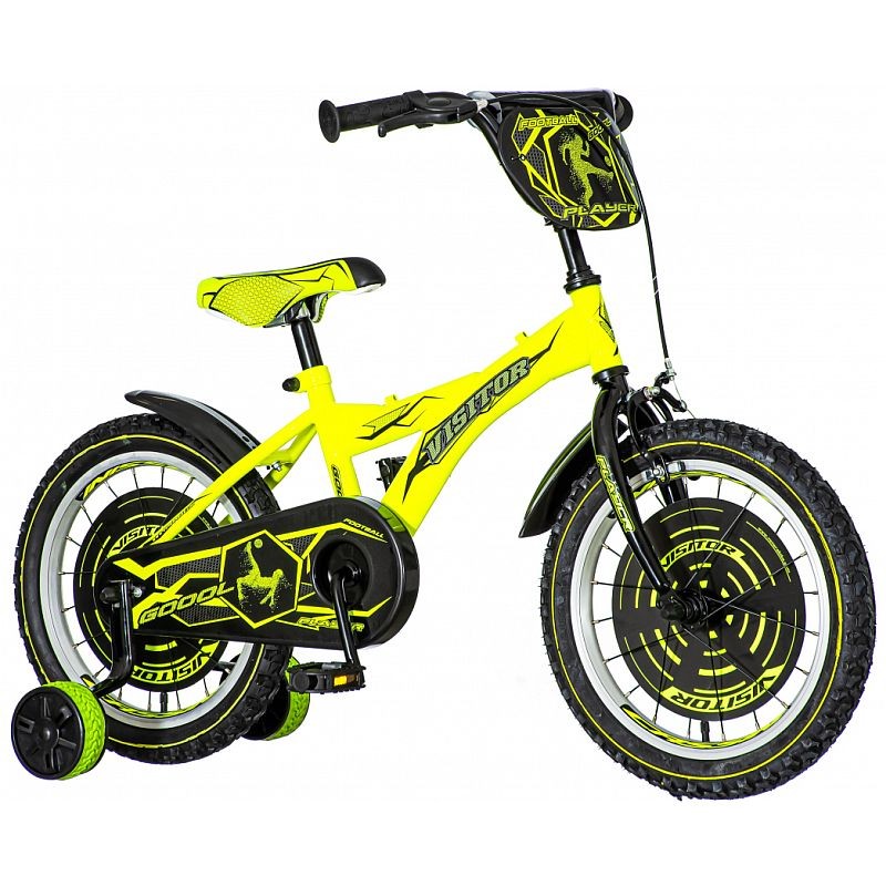 Bicicleta 16 inch, 2 roti ajutatoare, frana v-brake, footbal, galben neon bekid.ro imagine noua