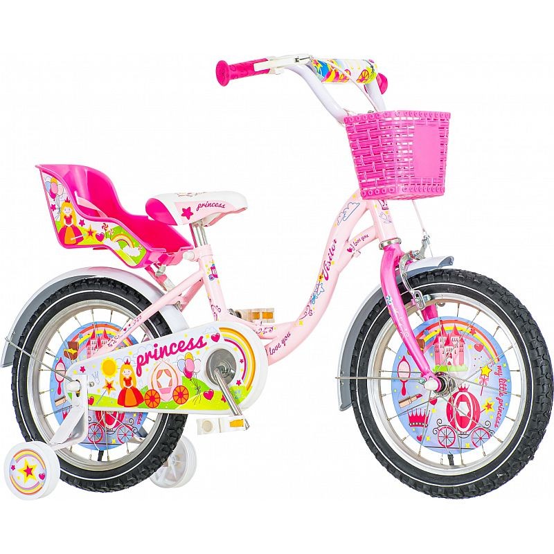 Bicicleta 16 inch, cos si scaun papusi, roti ajutatoare, princess roz bekid.ro imagine noua