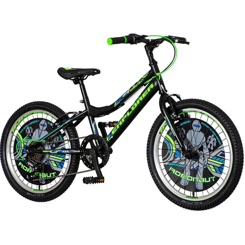 Bicicleta mtb 20 inch, cadru otel, 6 viteze, schimbator power, v-brake, negru-verde neon, explorer bekid.ro