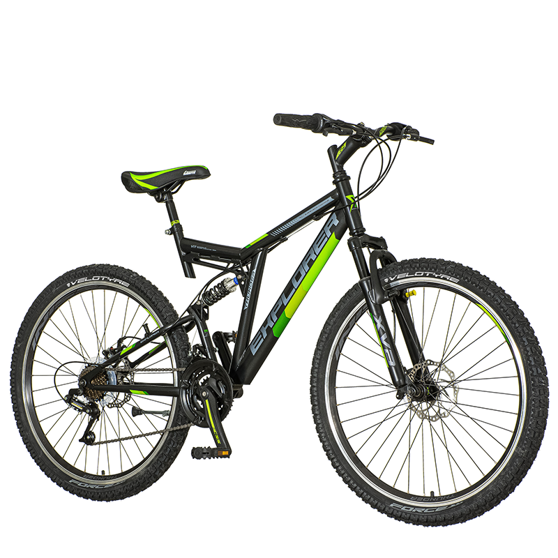 Bicicleta mtb 26 inch, 21 viteze schimbator power, frane pe disc, suspensii full, explorer, verde bekid.ro