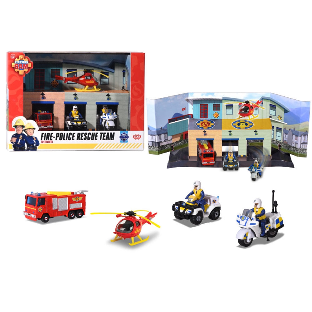 Pista de masini Dickie Toys Fireman Sam, Sam Fire Rescue Team cu 3 masinute, 1 elicopter si 2 figurine buy4baby.ro imagine noua