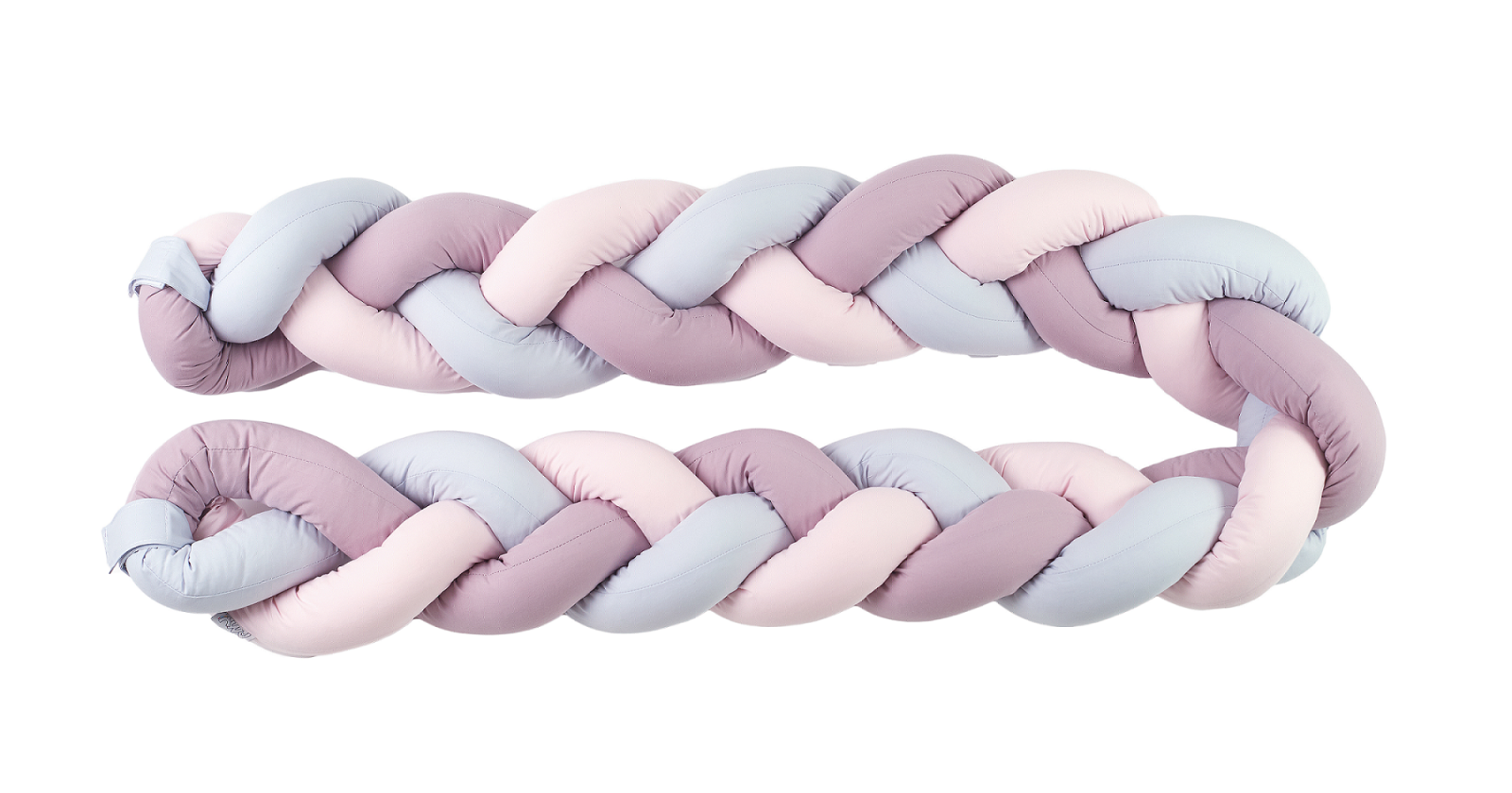Aparatoare laterala pat bumper impletit, cu inchidere velcro, bumbac uni gri – lilac – roz, 340 cm AMY