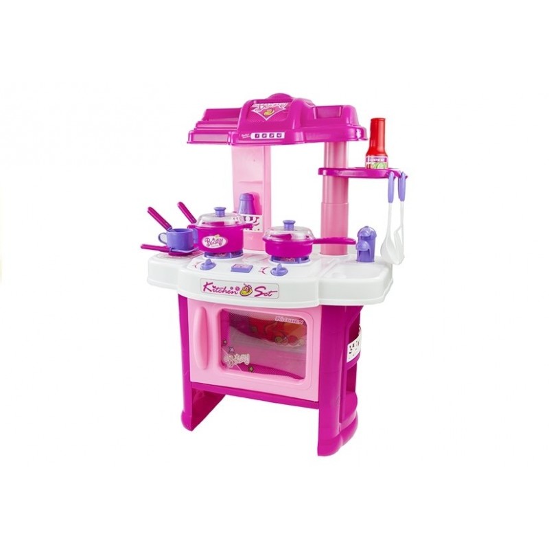 Bucatarie din plastic pentru copii, cu accesorii de bucatarie, lumini si sunete, alb/roz, leantoys, 733 buy4baby.ro imagine noua