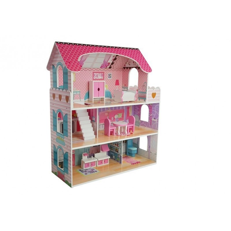 Casuta de papusi din lemn, cu doua etaje roz, milena, leantoys, 5320 buy4baby.ro imagine noua