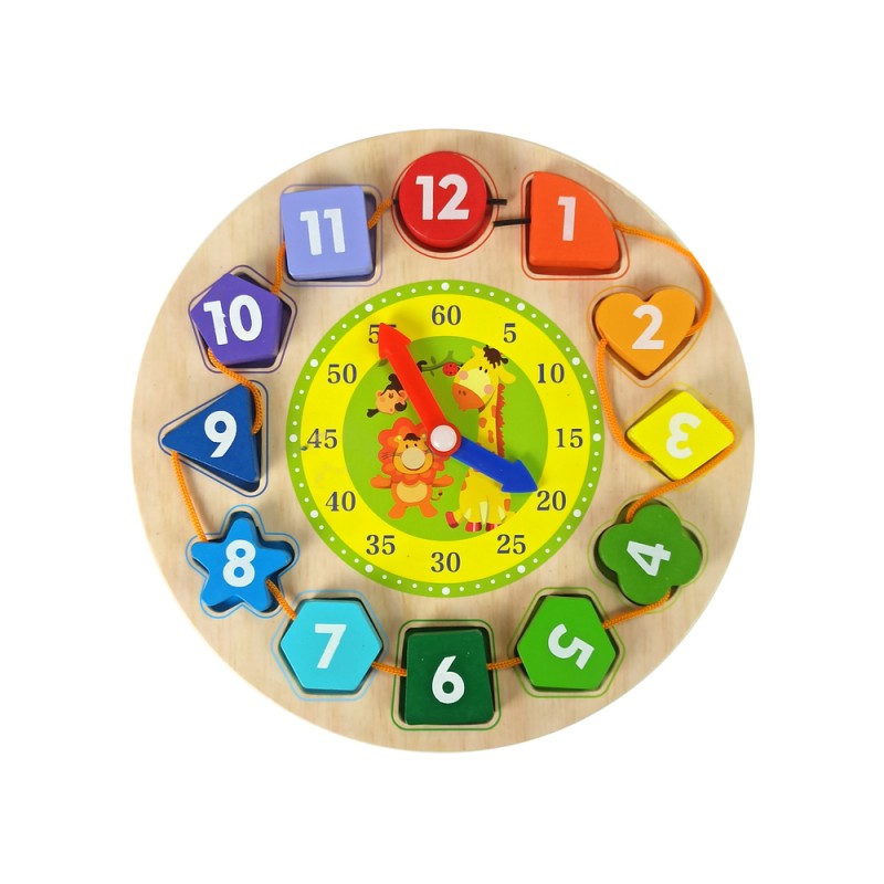Ceas sortator educational din lemn, pentru bebe, invata numere, forme si culori, leantoys, 3639