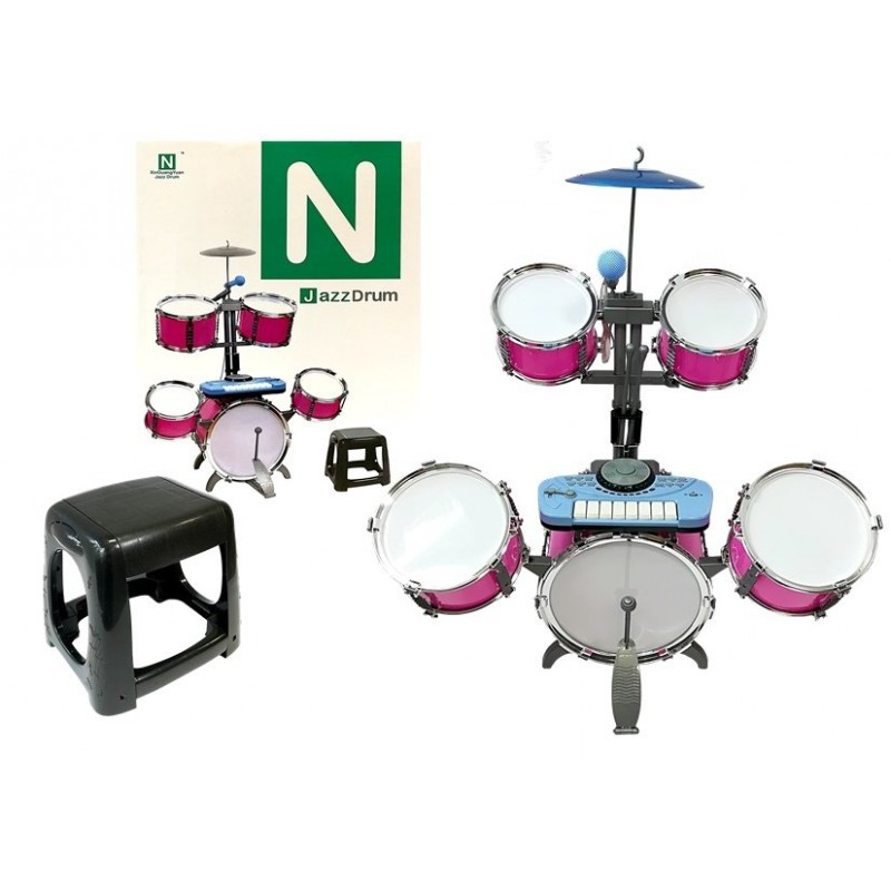 Set de tobe muzicale de jucarie pentru copii, cu scaunel, microfon si mixer, roz, leantoys, 4835 Asis imagine noua