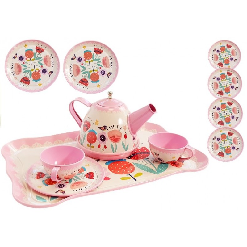 Set metalic de ceai cu floricele pentru copii, 14 piese de jucarie, leantoys, 5818