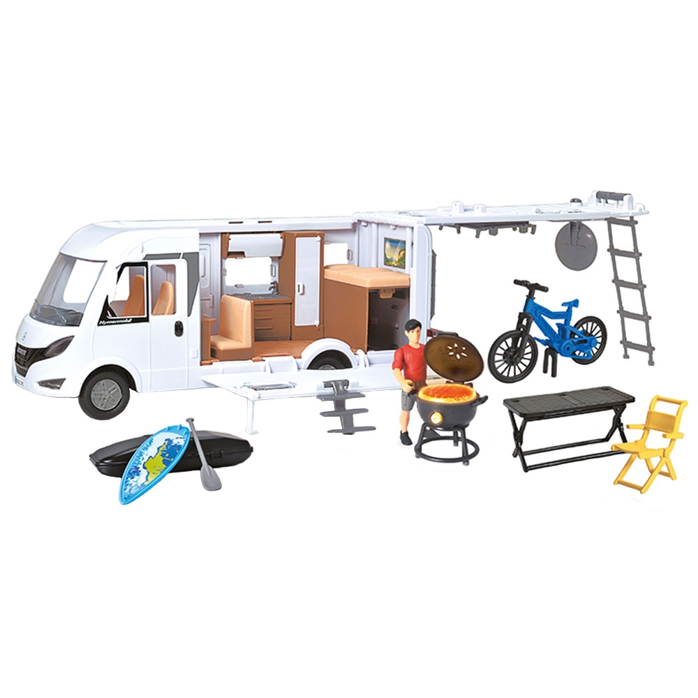 Rulota Dickie Toys Camper Hymer Camping Van Class B cu figurina si accesorii buy4baby.ro imagine noua