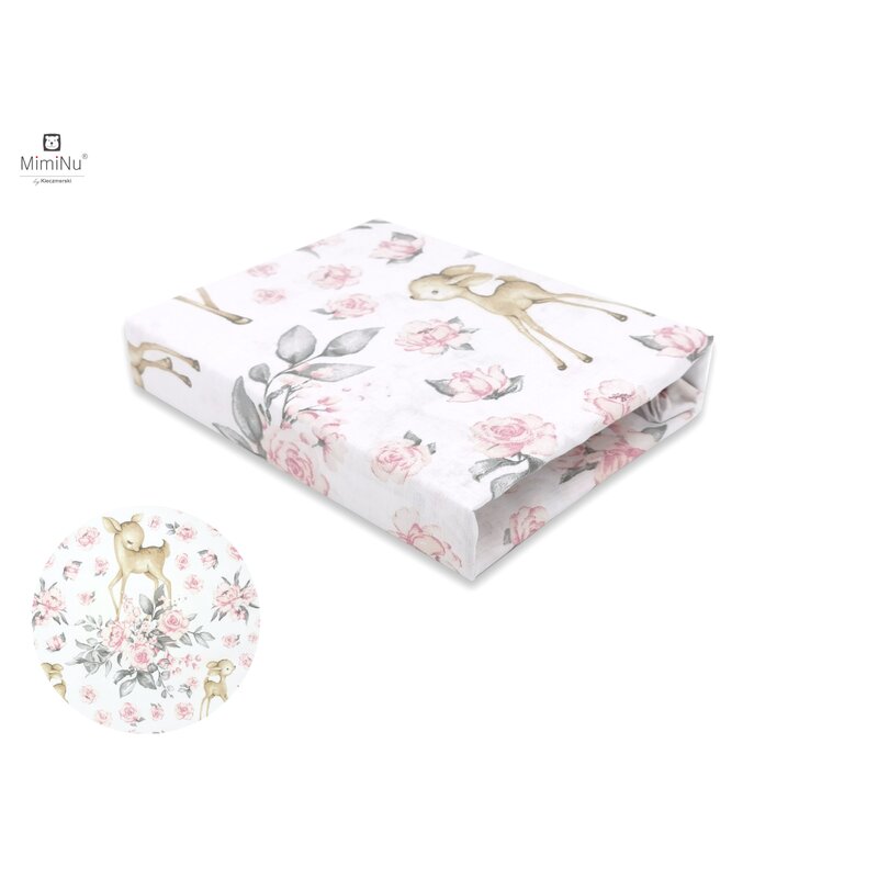 MimiNu - Cearceaf cu elastic pentru patut 140X70 cm, Din bumbac, Sweet Deer Pink