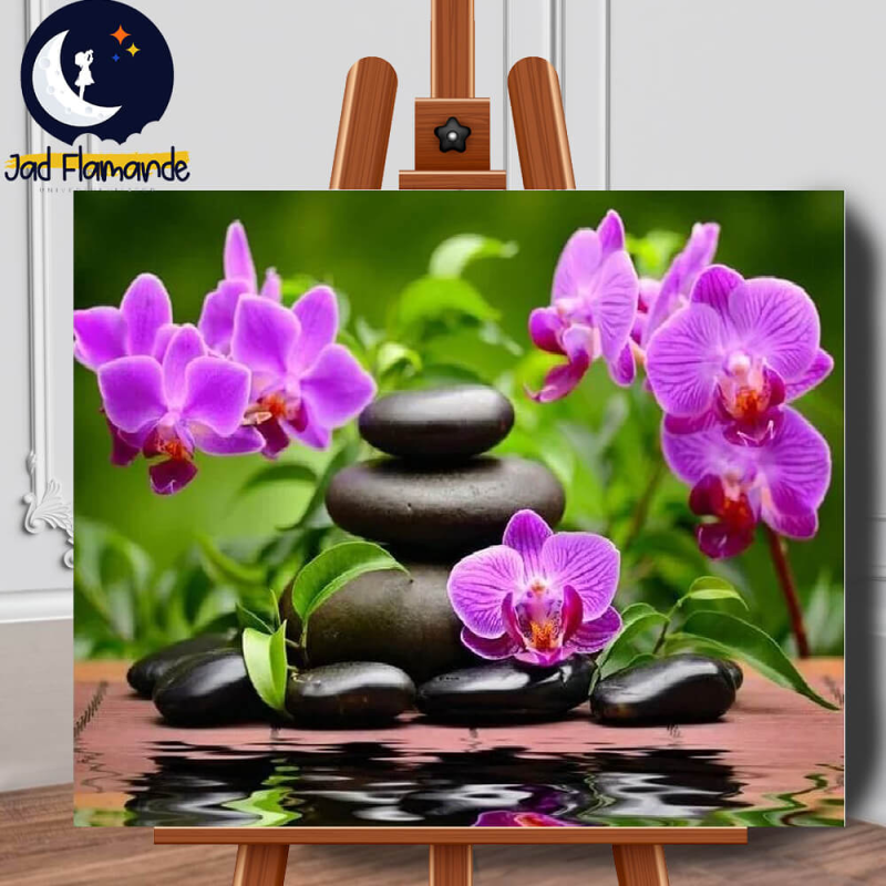 Set pictura pe numere (panza) Orhidee si pietre vulcanice 40x50 cm