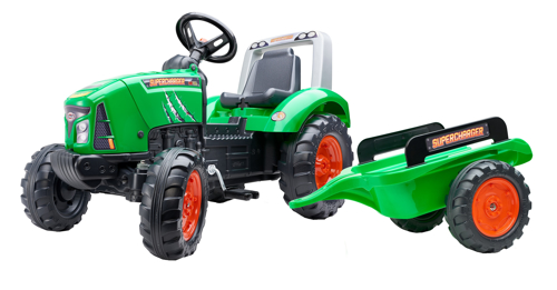 Jucarie tractor cu pedale verde supercharger cu capota cu deschidere si remorca, falk, 2021ab 2021ab