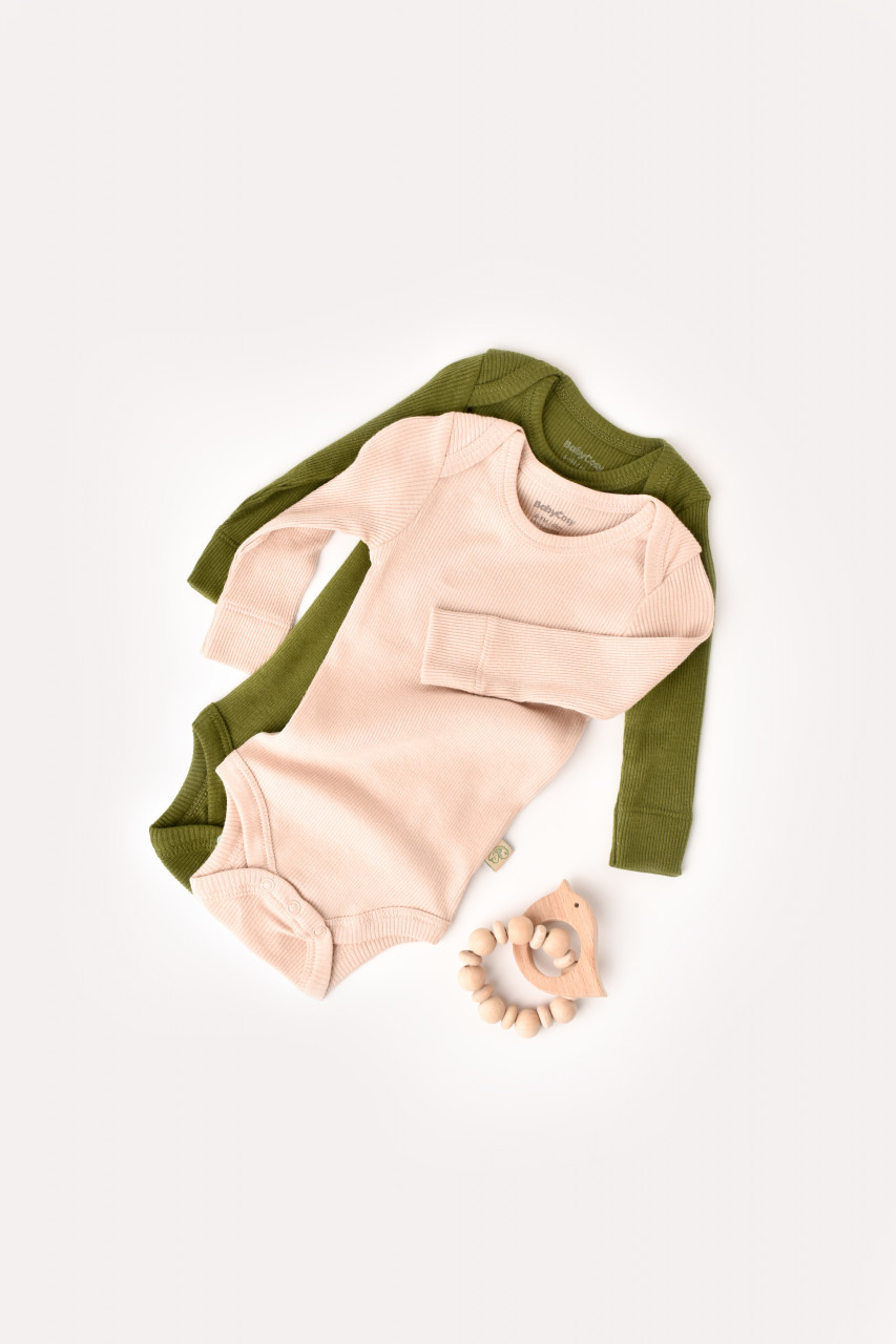 Set 2 body-uri cu maneca lunga bebe unisex din bumbac organic si modal - verde/blush, baby cosy (marime: 0-3 luni)