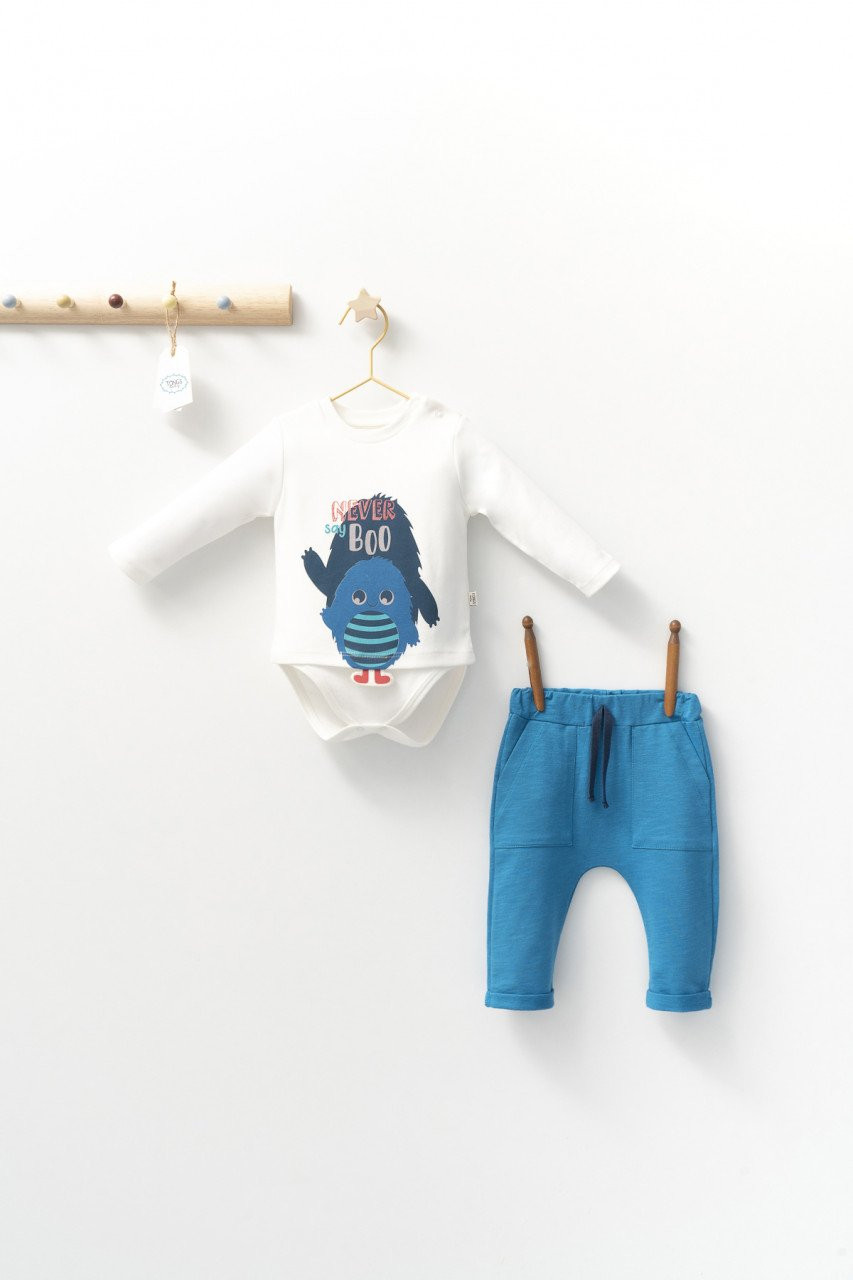 Set cu pantalonasi cu buzunare si body cu maneca lunga pentru bebelusi monster, tongs baby (culoare: albastru, marime: 18-24 luni)