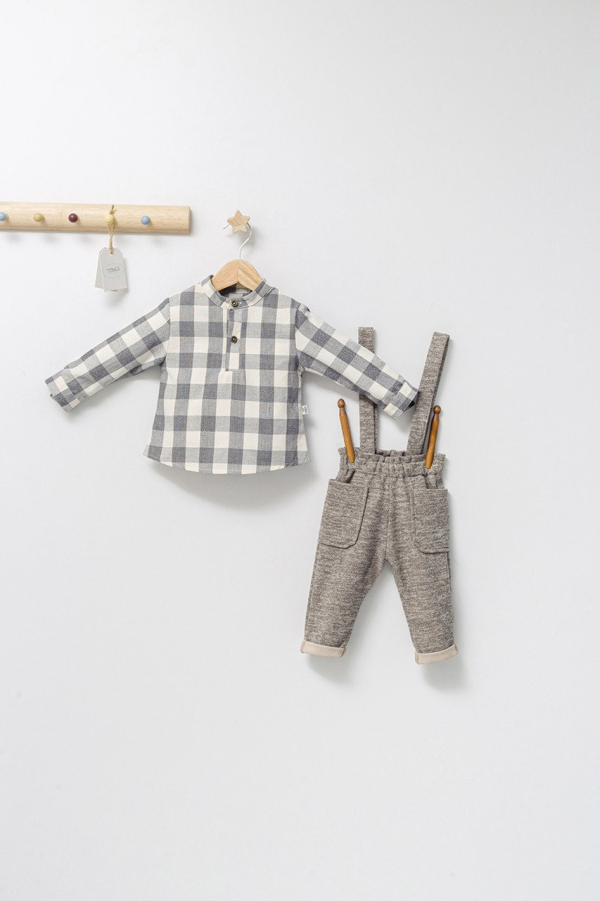 Set cu pantalonasi cu bretele si camasuta in carouri pentru bebelusi king, tongs baby (culoare: maro, marime: 12-18 luni)
