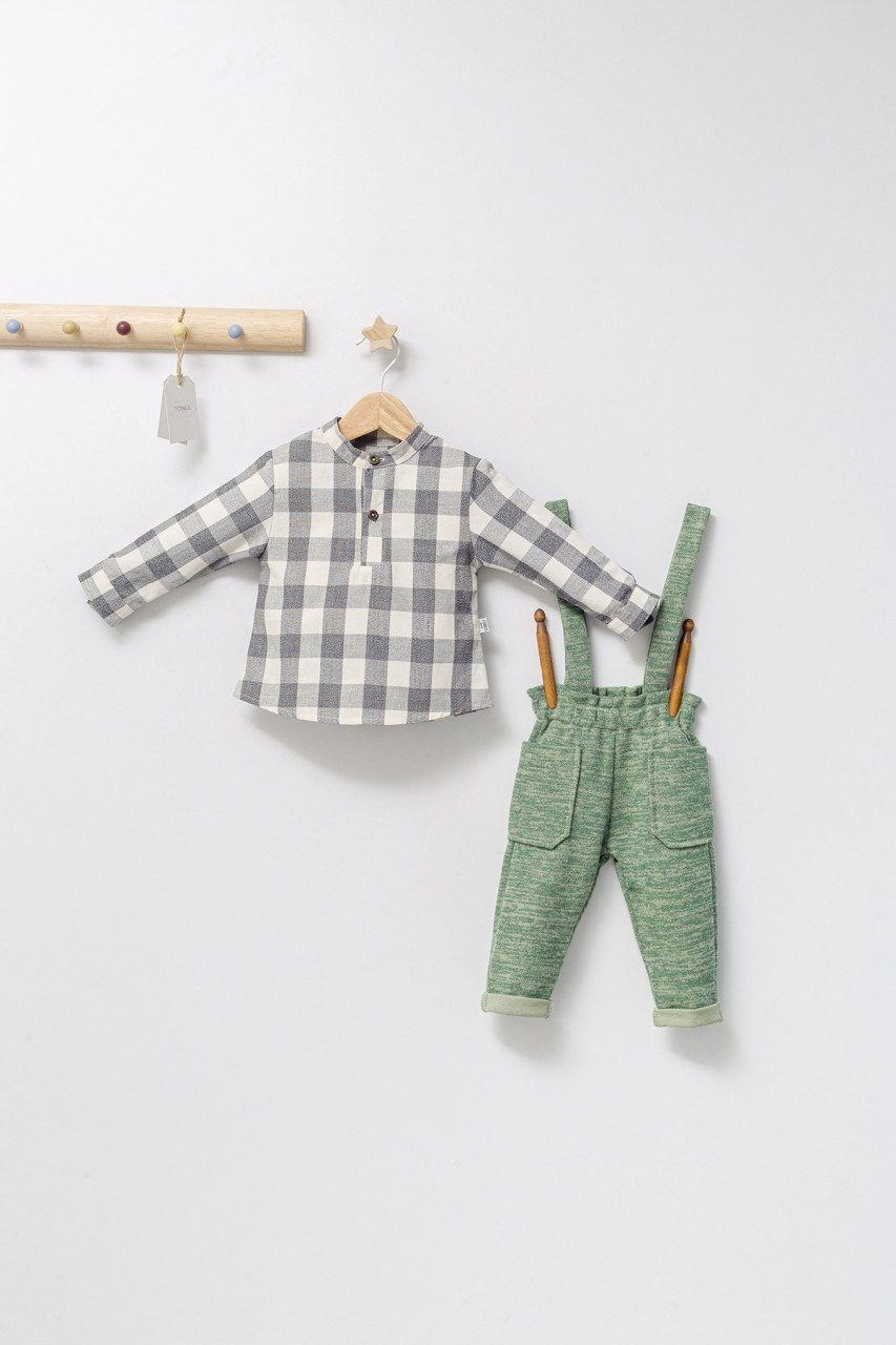 Set cu pantalonasi cu bretele si camasuta in carouri pentru bebelusi king, tongs baby (culoare: verde, marime: 9-12 luni)