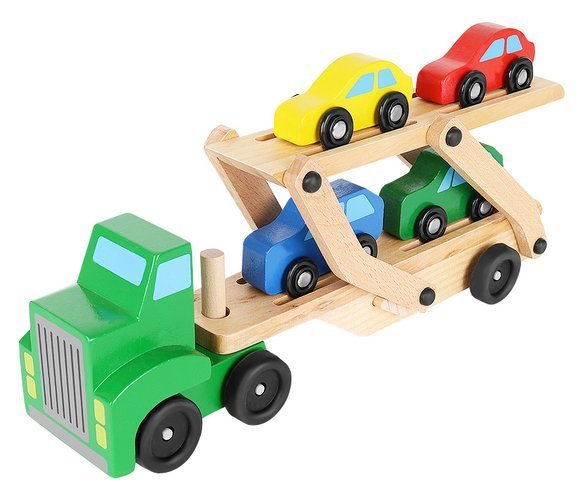 Camion din lemn iso trade cu platforma mobila dubla de tractare​ si 4 masini incluse
