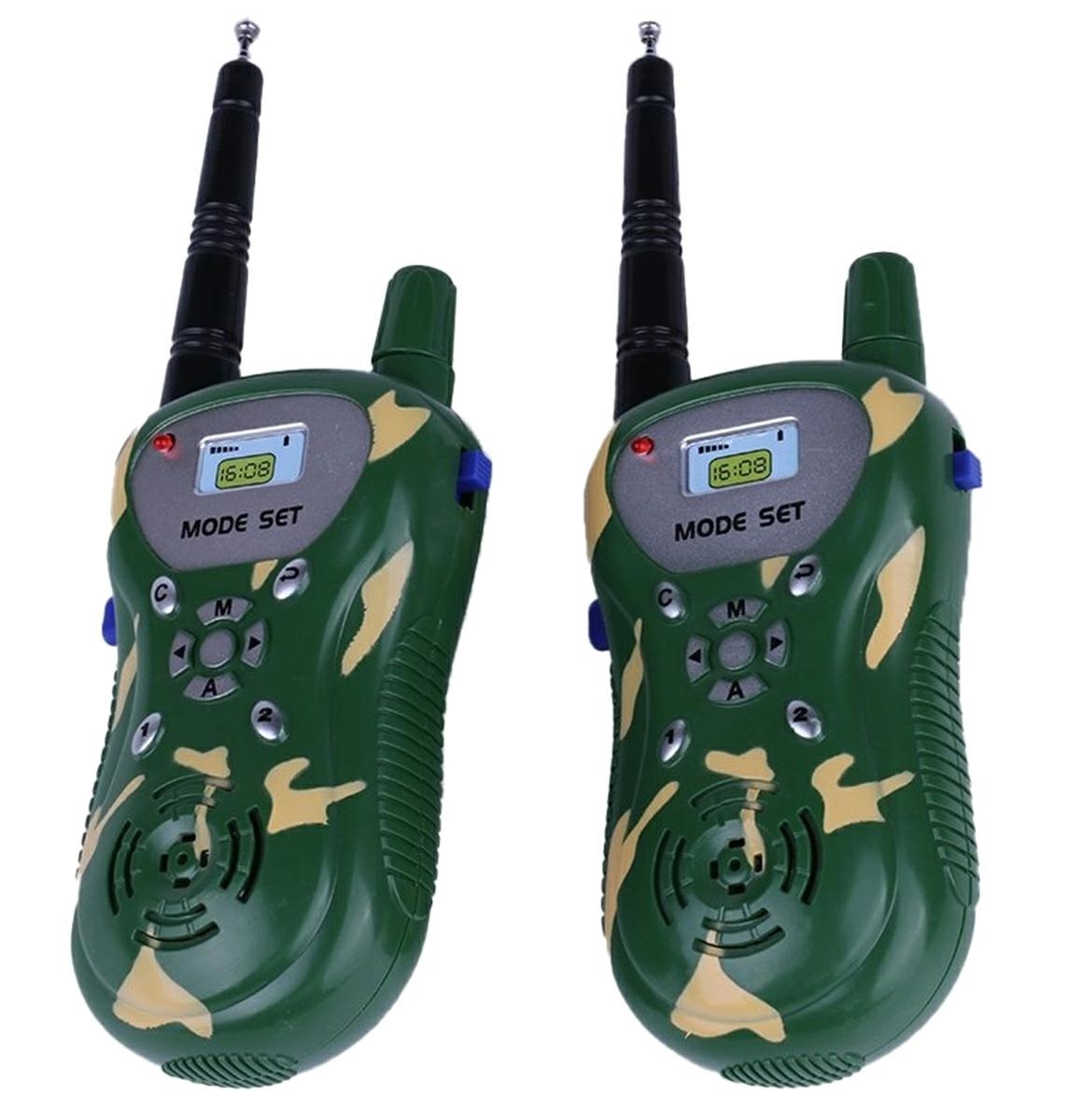 Set statie walkie talkie, semnal pana la 100 de metri, cu baterii incluse, verde camuflaj