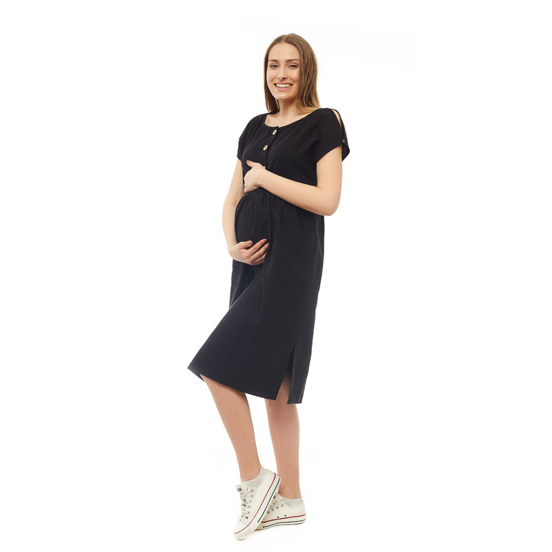 Qmini - rochie pentru gravide si pentru alaptare, s/m, din in si poliester, confortabila si lejera, black