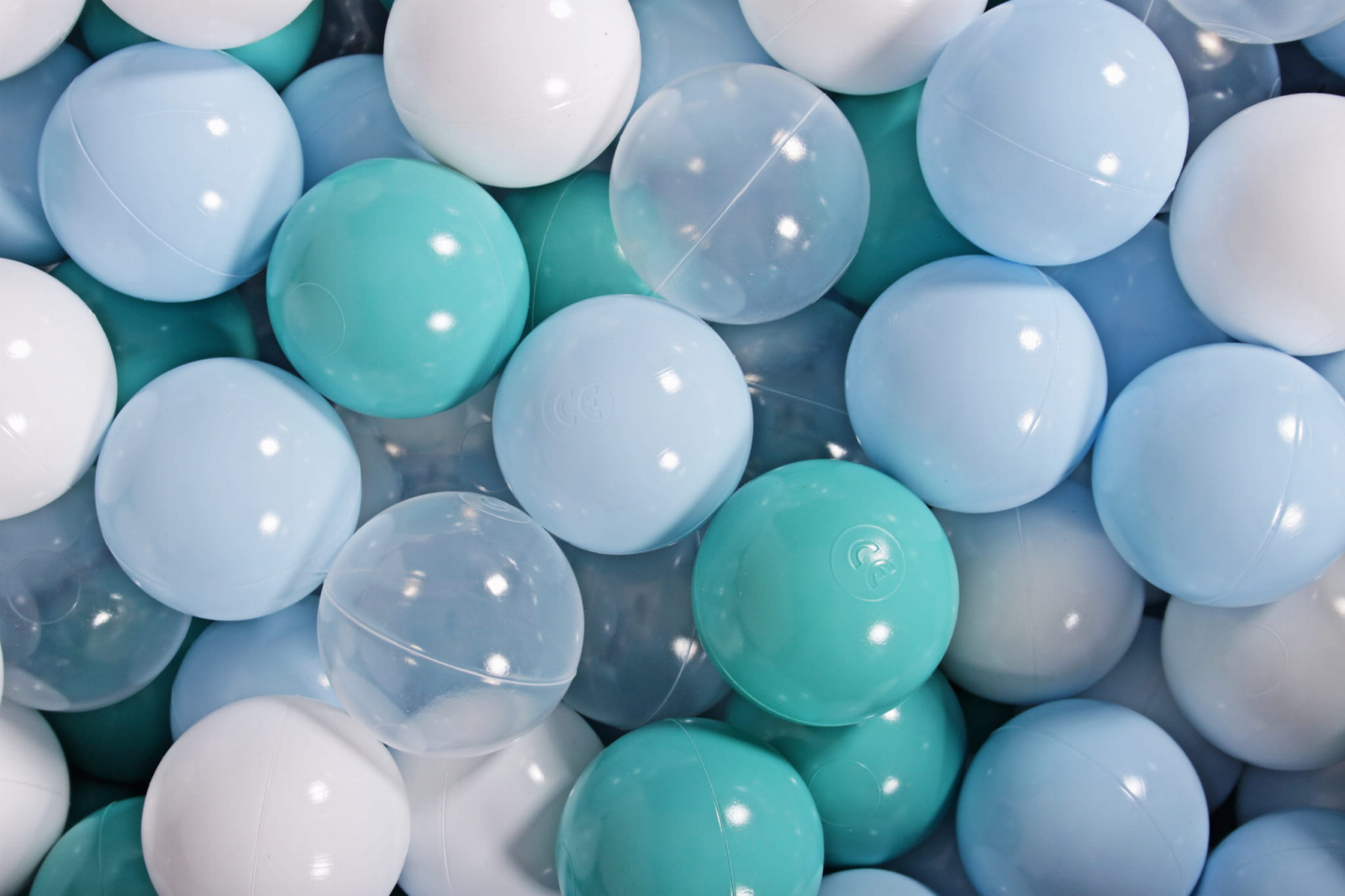 Meowbaby set bile din plastic pentru centru de joaca 7cm, 200 buc: baby blue turcoaz transparent alb