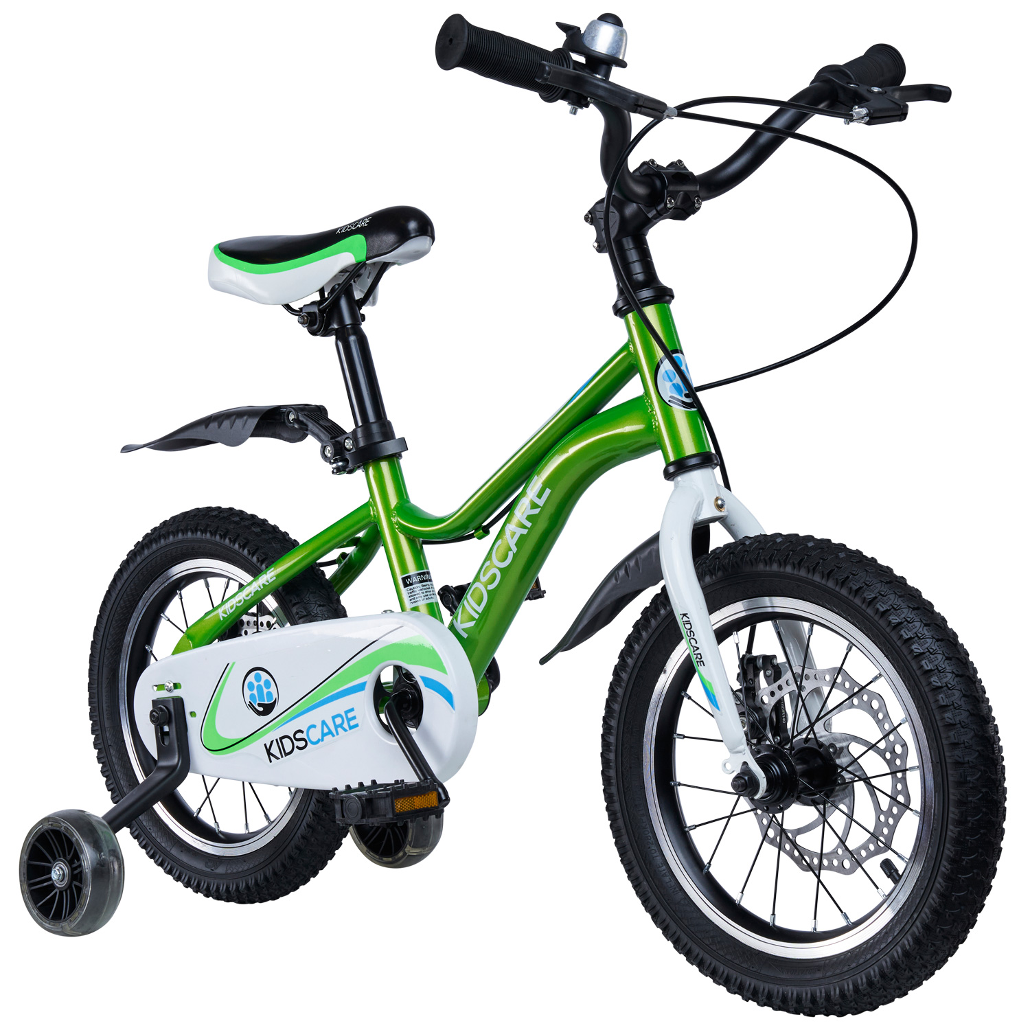 Bicicleta pentru copii 3-6 ani HappyCycles KidsCare, roti 14 inch, cu roti ajutatoare si frane pe disc, verde Biciclete copii imagine 2022