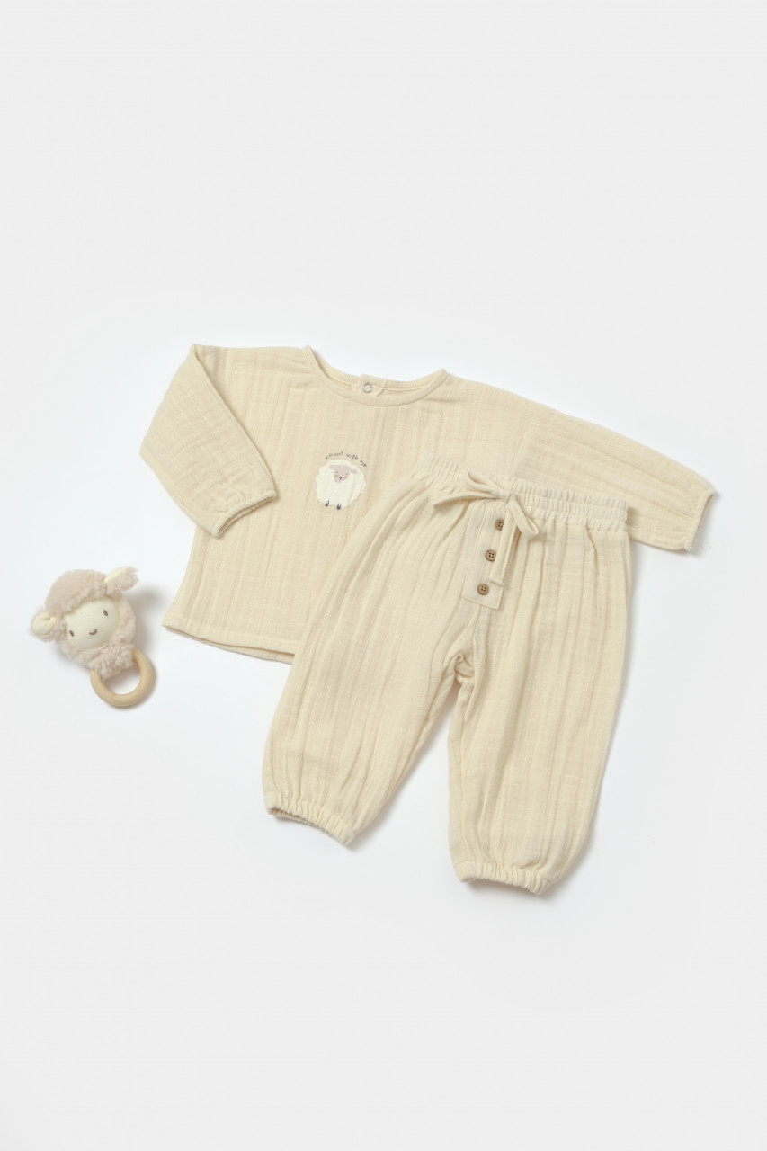 Set bluza si pantaloni, winter muselin, 100% bumbac - stone, babycosy (marime: 12-18 luni)