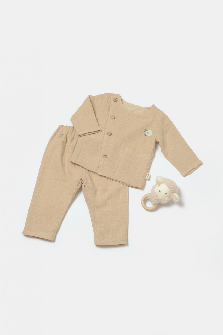 Set bluza cu nasturi si pantaloni , winter muselin, 100% bumbac - apricot, babycosy (marime: 18-24 luni)