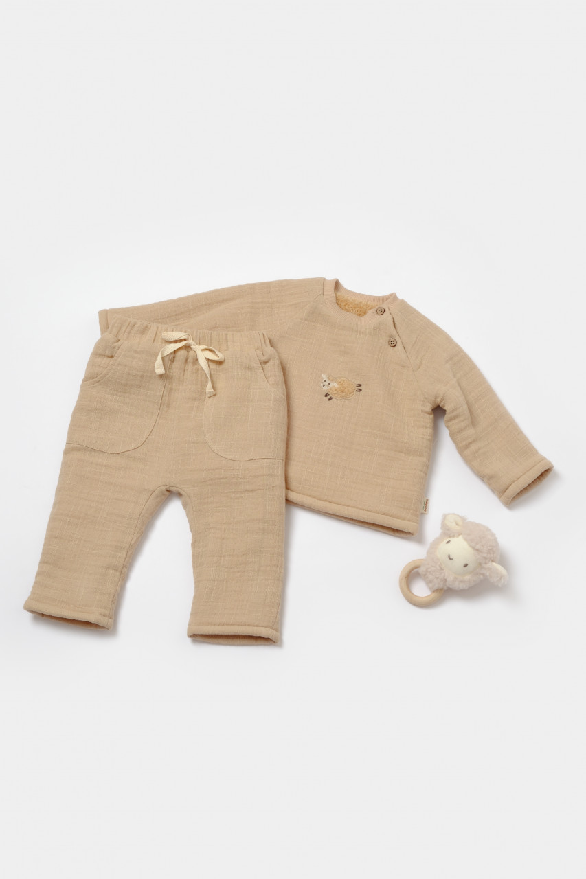 Set bluza dublata si pantaloni, winter muselin, 100% bumbac - apricot, babycosy (marime: 12-18 luni)