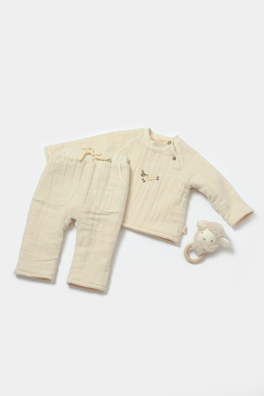 Set bluza dublata si pantaloni, winter muselin, 100% bumbac - stone, babycosy (marime: 12-18 luni)