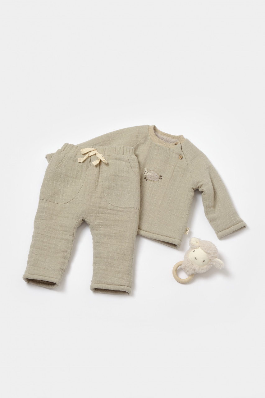Set bluza dublata si pantaloni, winter muselin, 100% bumbac - verde, babycosy (marime: 12-18 luni)