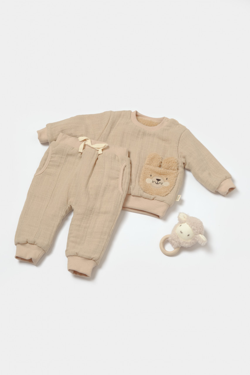 Set bluza dublata si pantaloni ursulet, winter muselin, 100% bumbac - apricot, babycosy (marime: 3-6 luni)