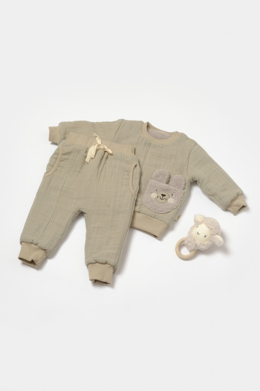 Set bluza dublata si pantaloni ursulet, winter muselin, 100% bumbac - verde, babycosy (marime: 12-18 luni)