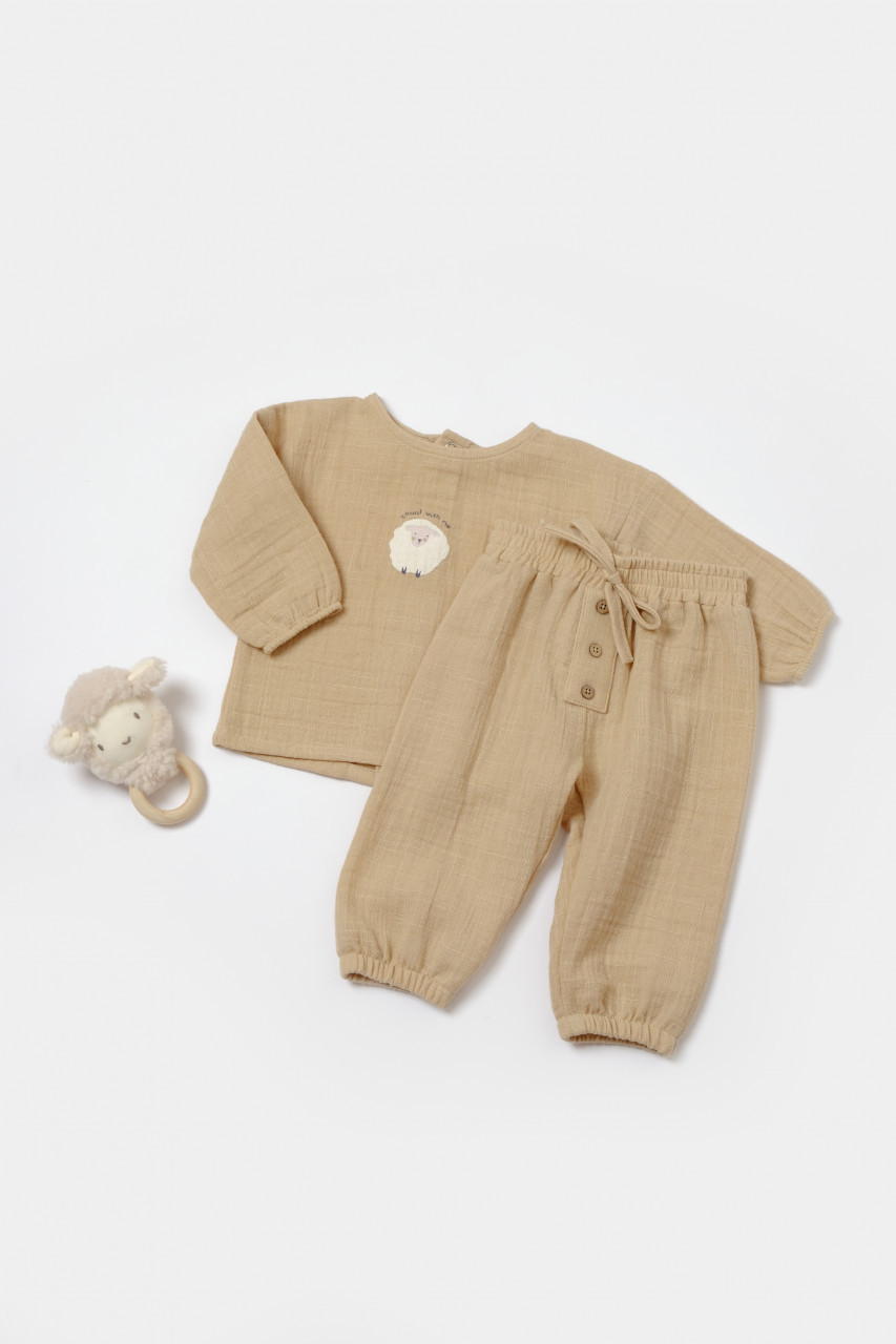 Set bluza si pantaloni, winter muselin, 100% bumbac - apricot, babycosy (marime: 12-18 luni)
