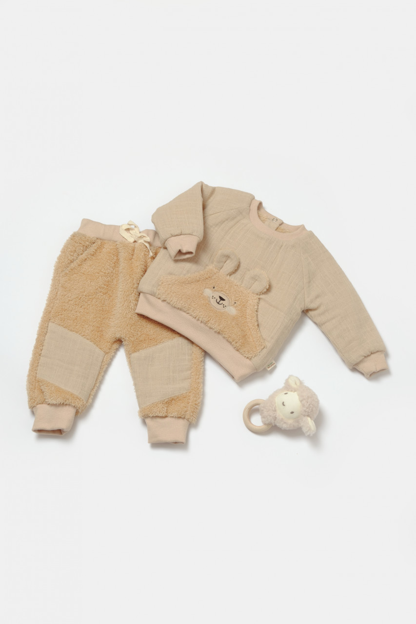 Set bluza cu buzunar si pantaloni ursulet, winter muselin, 100% bumbac dublat - apricot, babycosy (marime: 12-18 luni)