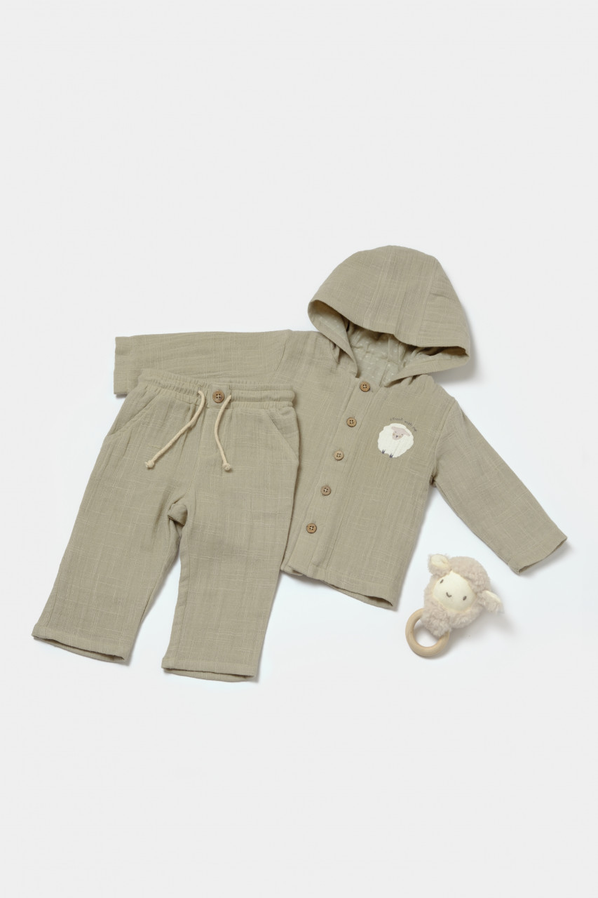 Set bluza cu gluga si pantaloni, winter muselin, 100% bumbac - verde, babycosy (marime: 12-18 luni)