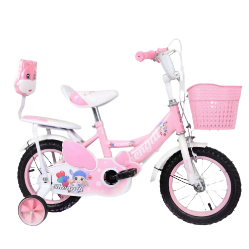 Bicicleta copii 3 - 6 ani, 12', Roz, Doua locuri, Roti ajutatoare, Frane